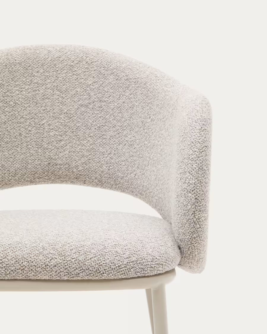 Maina Chair in thick beige chenille and steel legs in a beige finish