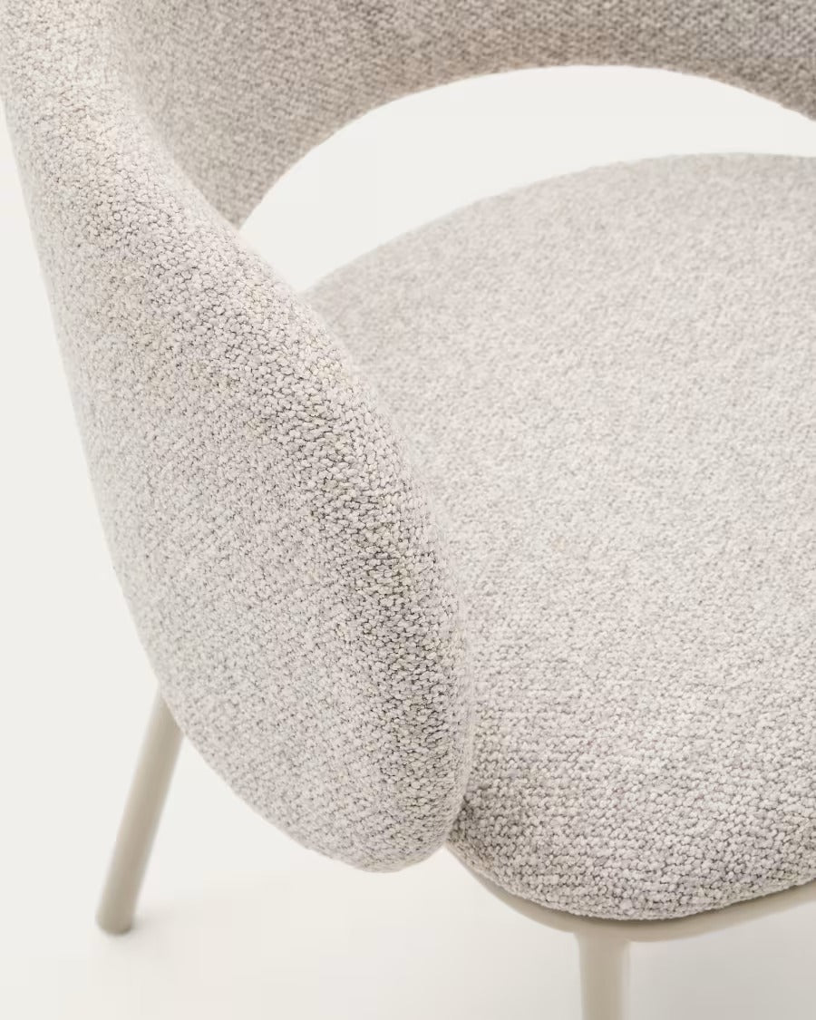 Maina Chair in thick beige chenille and steel legs in a beige finish