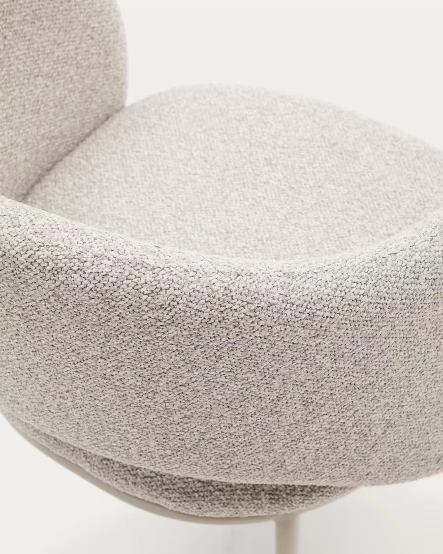 Maina Chair in thick beige chenille and steel legs in a beige finish