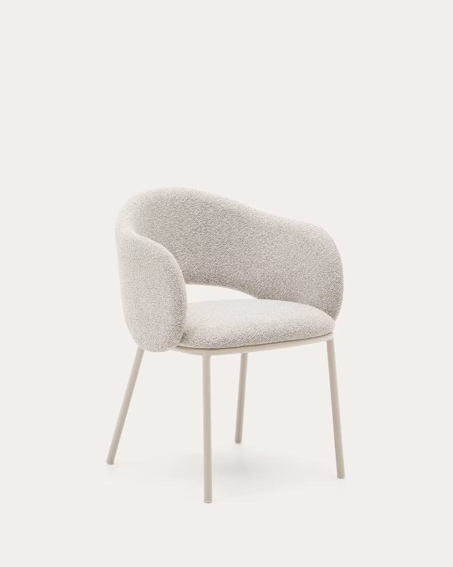 Maina Chair in thick beige chenille and steel legs in a beige finish