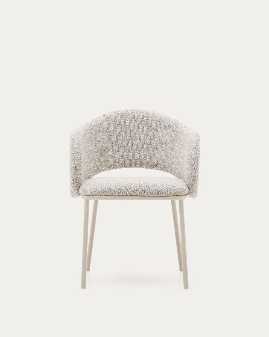 Maina Chair in thick beige chenille and steel legs in a beige finish