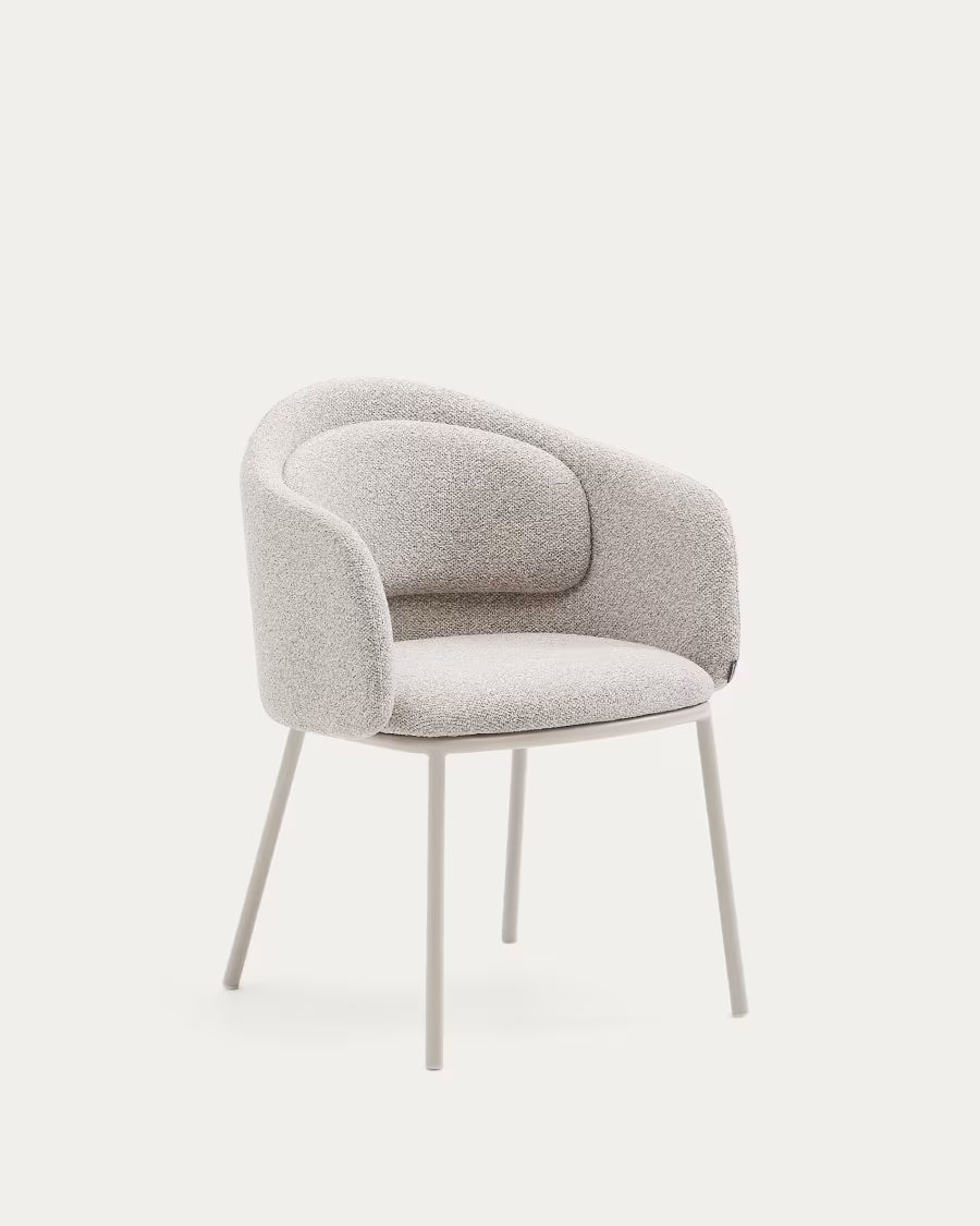 Idaira chair in thick beige chenille and steel legs in a beige finish