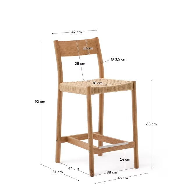 Yalia Stool with a backrest in solid oak wood in a natural finish, 65 cm