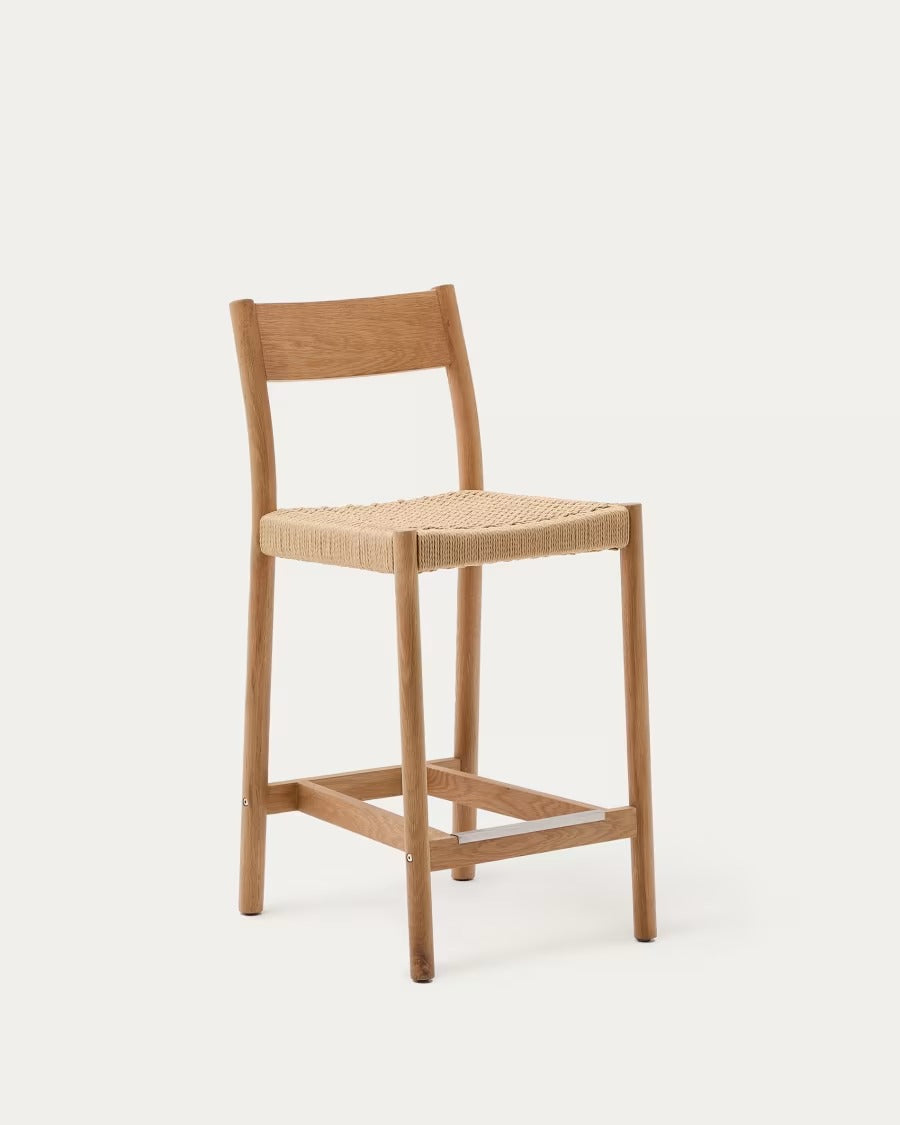Yalia Stool with a backrest in solid oak wood in a natural finish, 65 cm