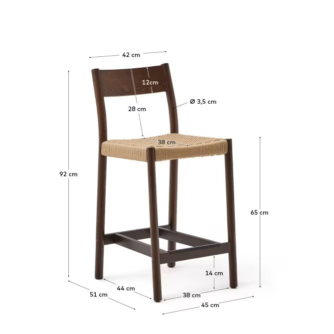 Yalia Stool with a backrest in solid oak wood in a walnut finish, height 65cm