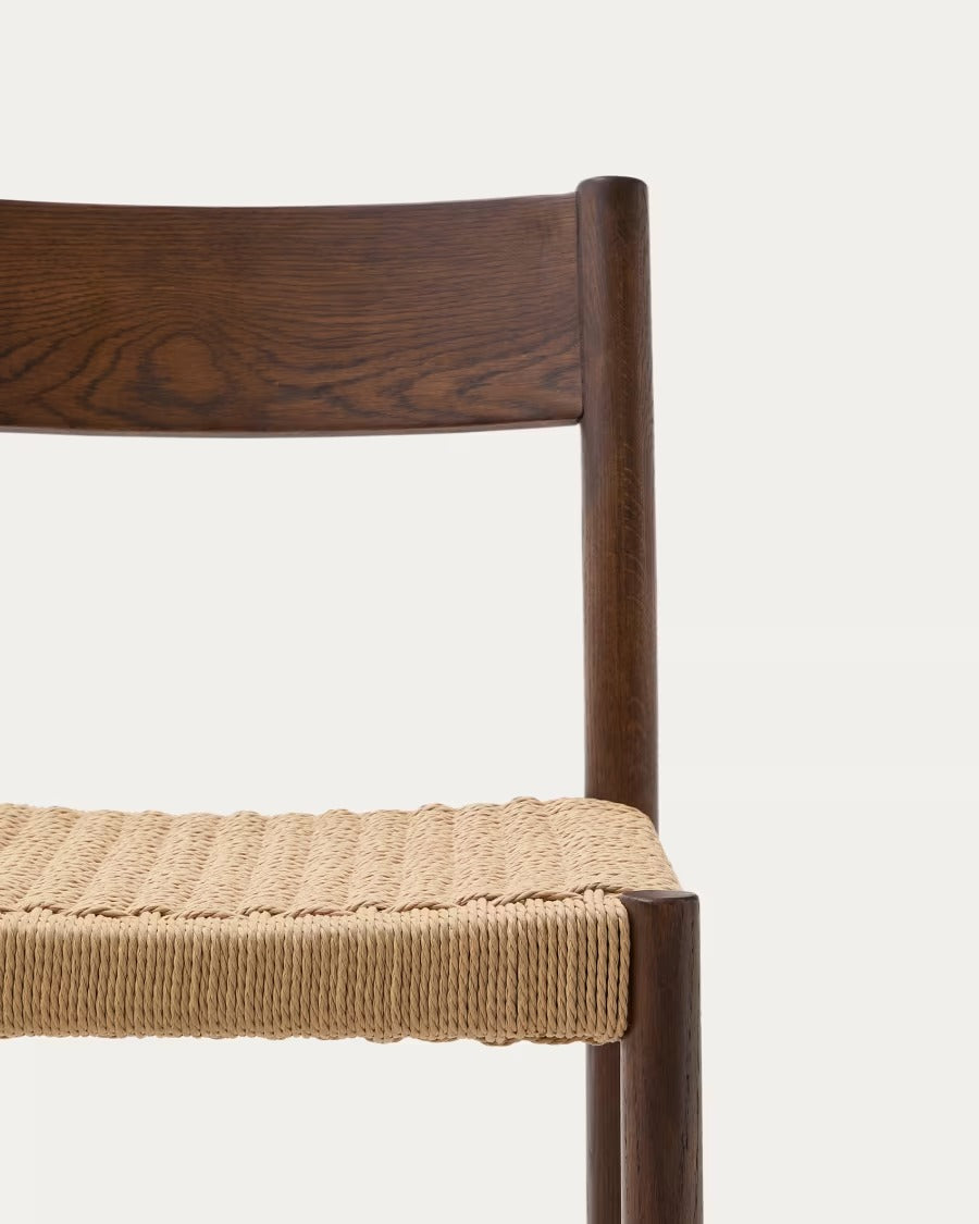 Yalia Stool with a backrest in solid oak wood in a walnut finish, height 65cm