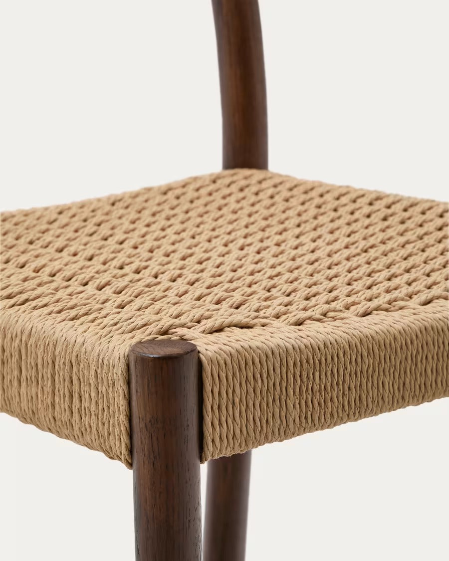 Yalia Stool with a backrest in solid oak wood in a walnut finish, height 65cm