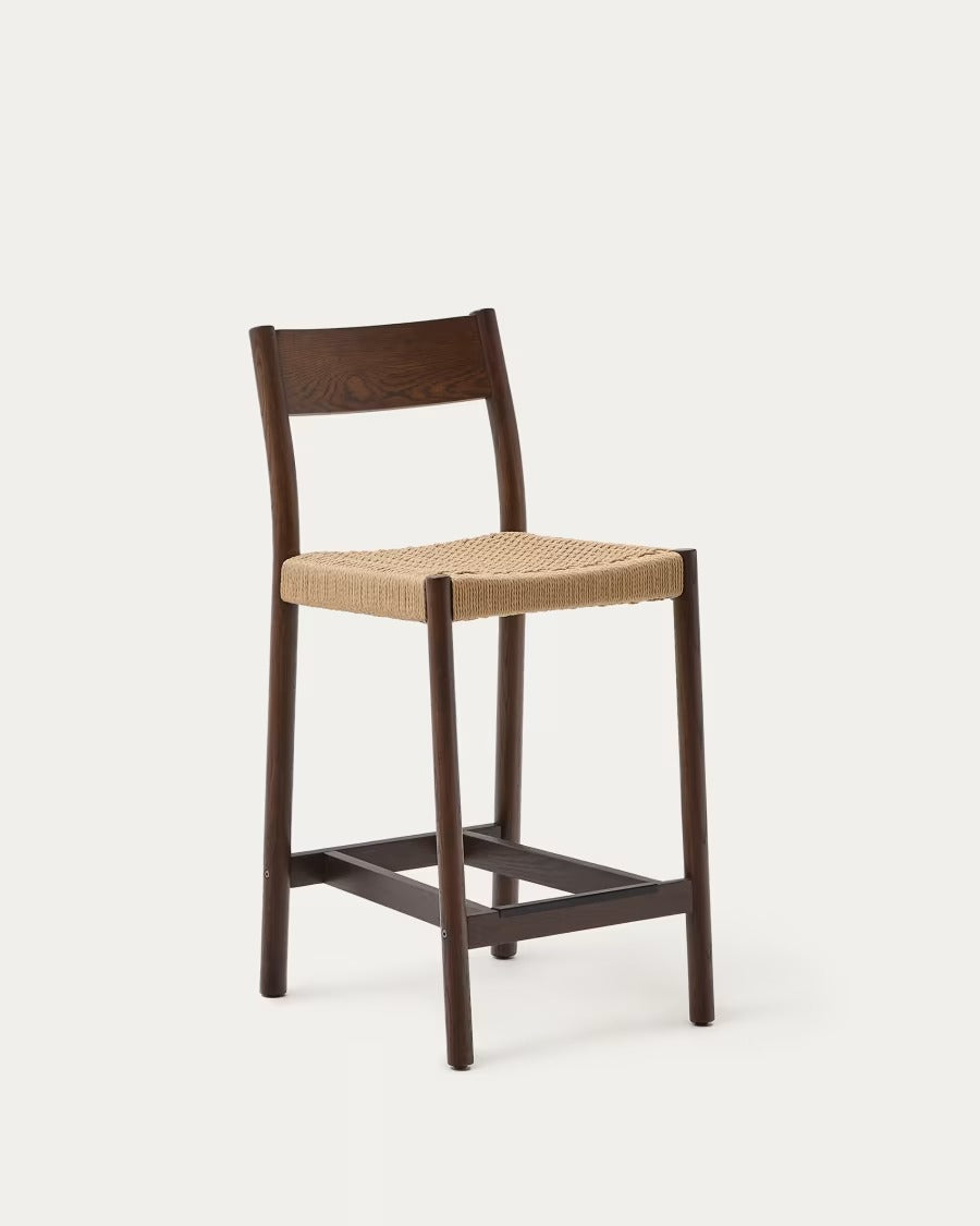 Yalia Stool with a backrest in solid oak wood in a walnut finish, height 65cm