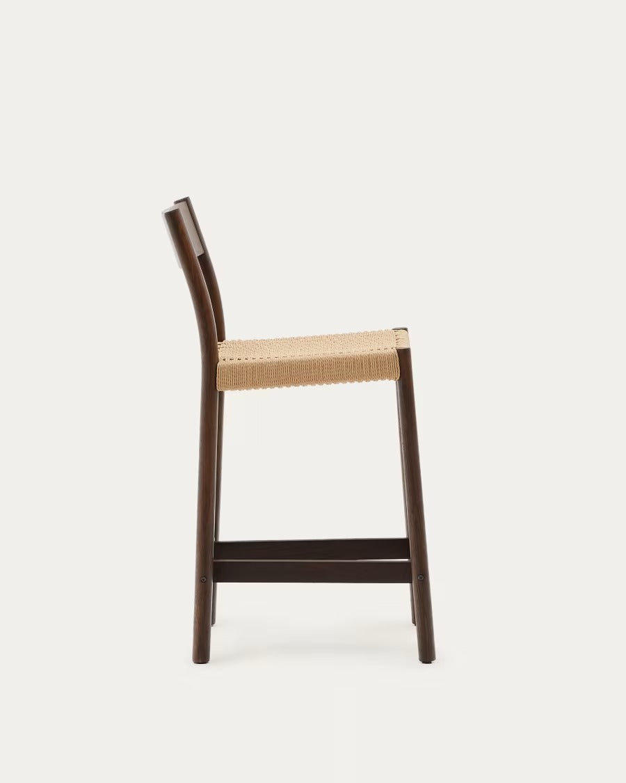 Yalia Stool with a backrest in solid oak wood in a walnut finish, height 65cm