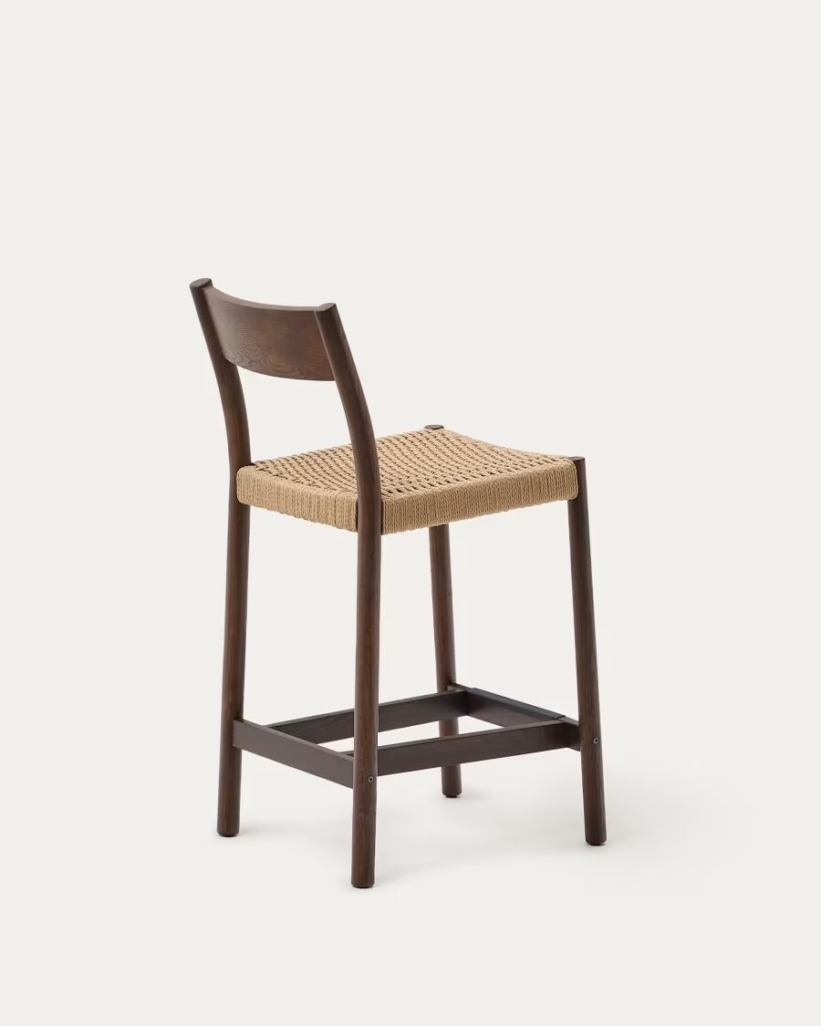Yalia Stool with a backrest in solid oak wood in a walnut finish, height 65cm