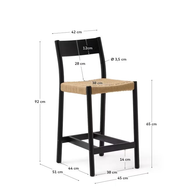 Yalia Stool with a backrest in solid oak wood in a black finish, 65 cm