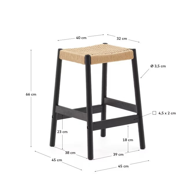Yalia Stool in solid oak wood in a black finish and rope cord, height 65cm