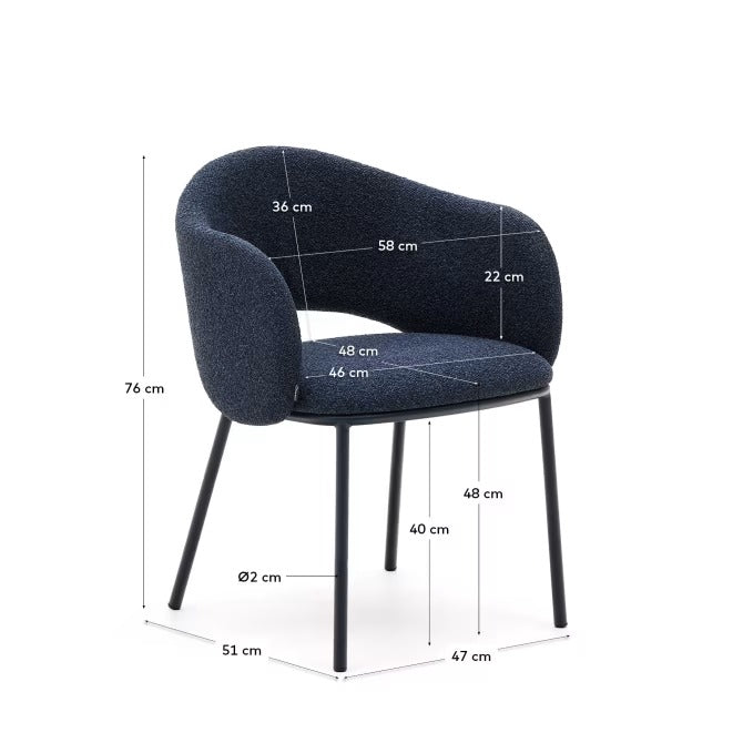 Maina Chair in thick blue chenille and steel legs with blue finish