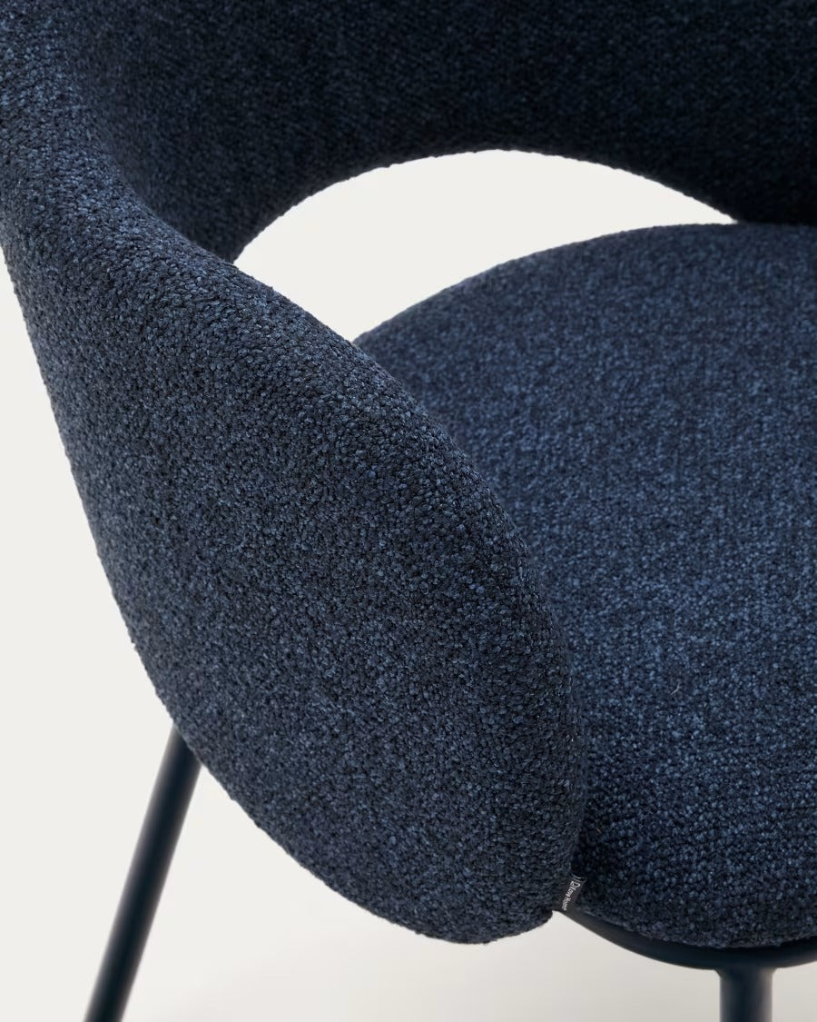 Maina Chair in thick blue chenille and steel legs with blue finish