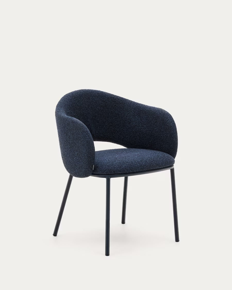 Maina Chair in thick blue chenille and steel legs with blue finish