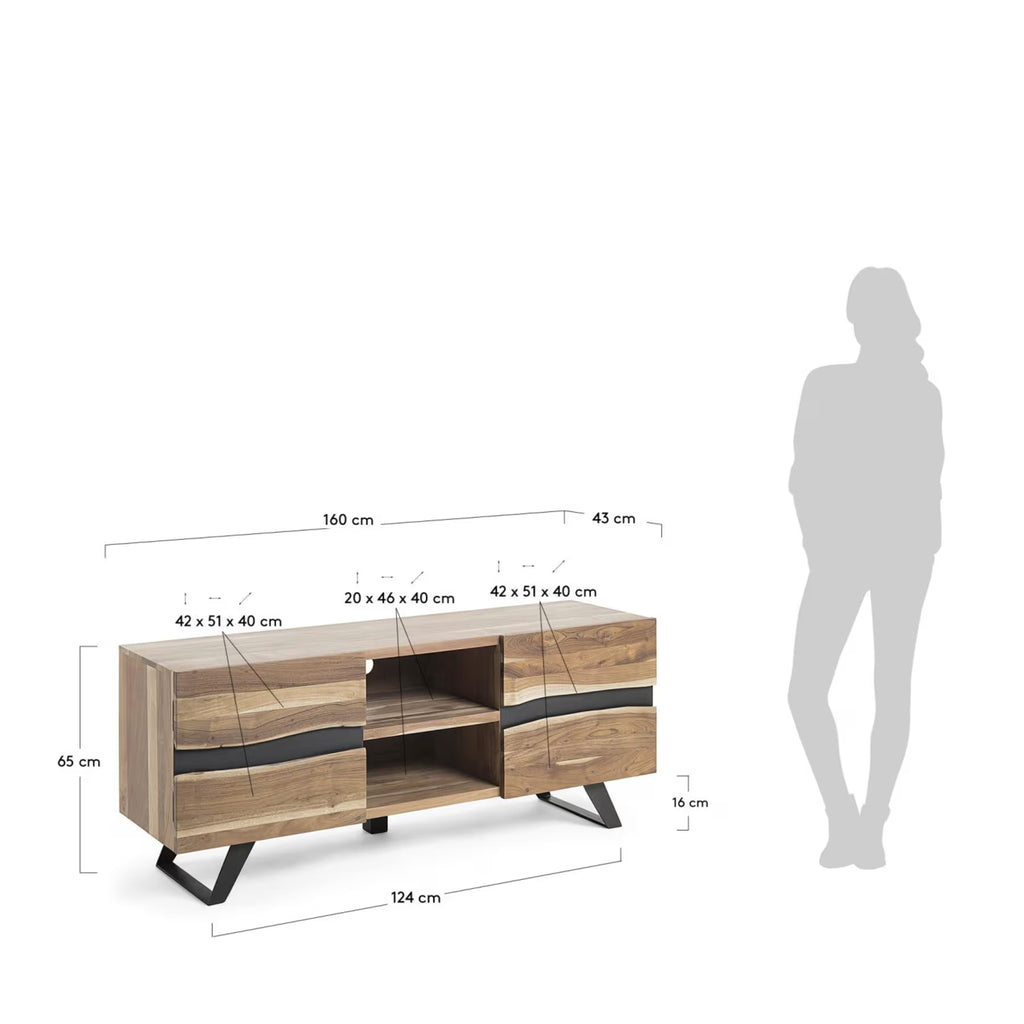 Uxia solid acacia wood TV stand with 2 doors and black finish steel, 160 x 65 cm
