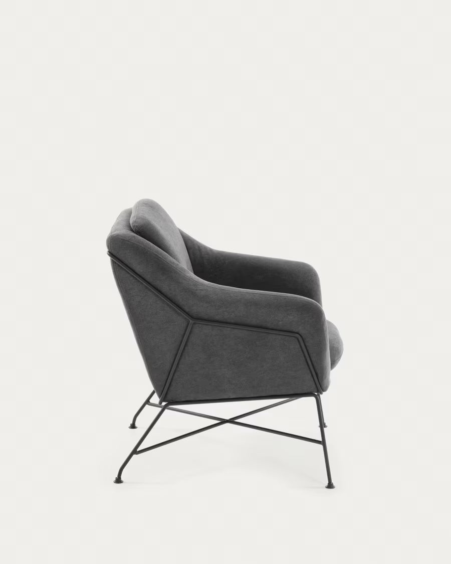 Brida armchair in dark grey with steel structure in black finish.