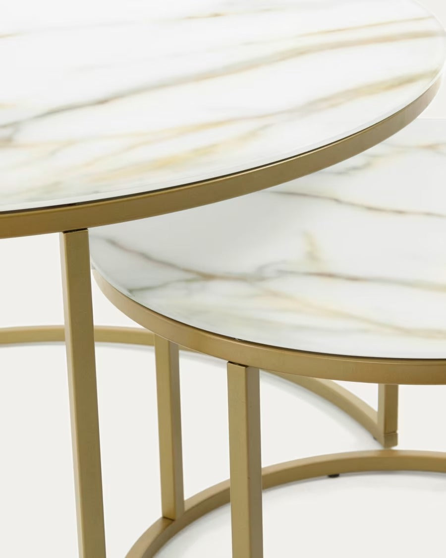 Set of 2 Leonor Glass Side Tables in white and golden steel structure ?80cm/?50cm