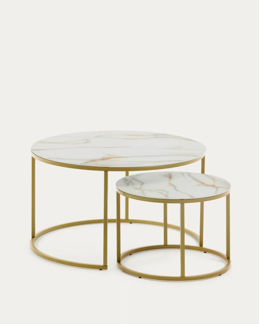 Set of 2 Leonor Glass Side Tables in white and golden steel structure ?80cm/?50cm