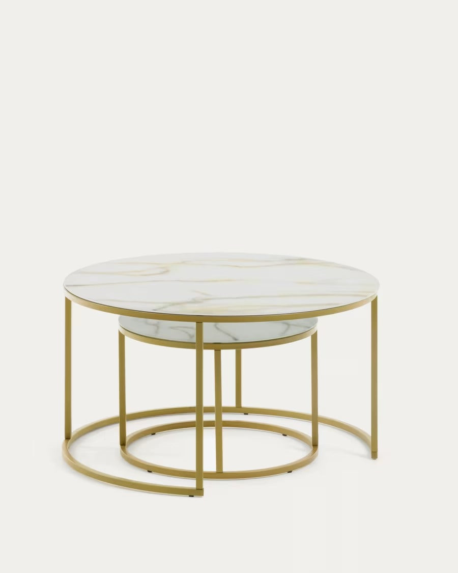 Set of 2 Leonor Glass Side Tables in white and golden steel structure ?80cm/?50cm