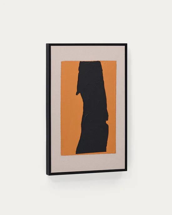Zernu hand-painted orange and black with linen abstract picture B 42 x 65cm