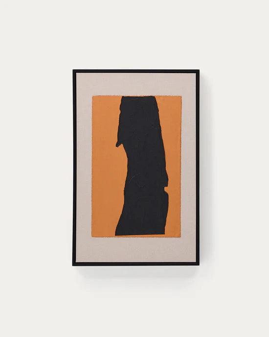 Zernu hand-painted orange and black with linen abstract picture B 42 x 65cm