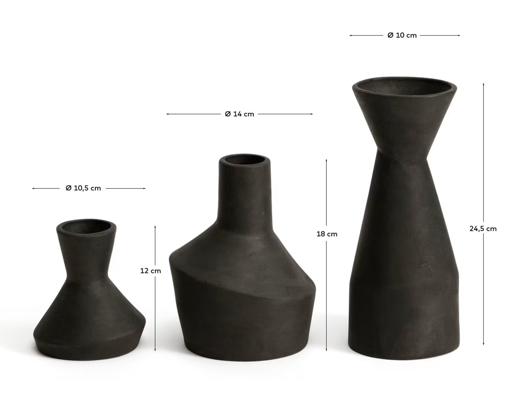 Dunari set of 3 black terracotta vases Ø 10.2 cm / Ø 14 cm / Ø 10 cm