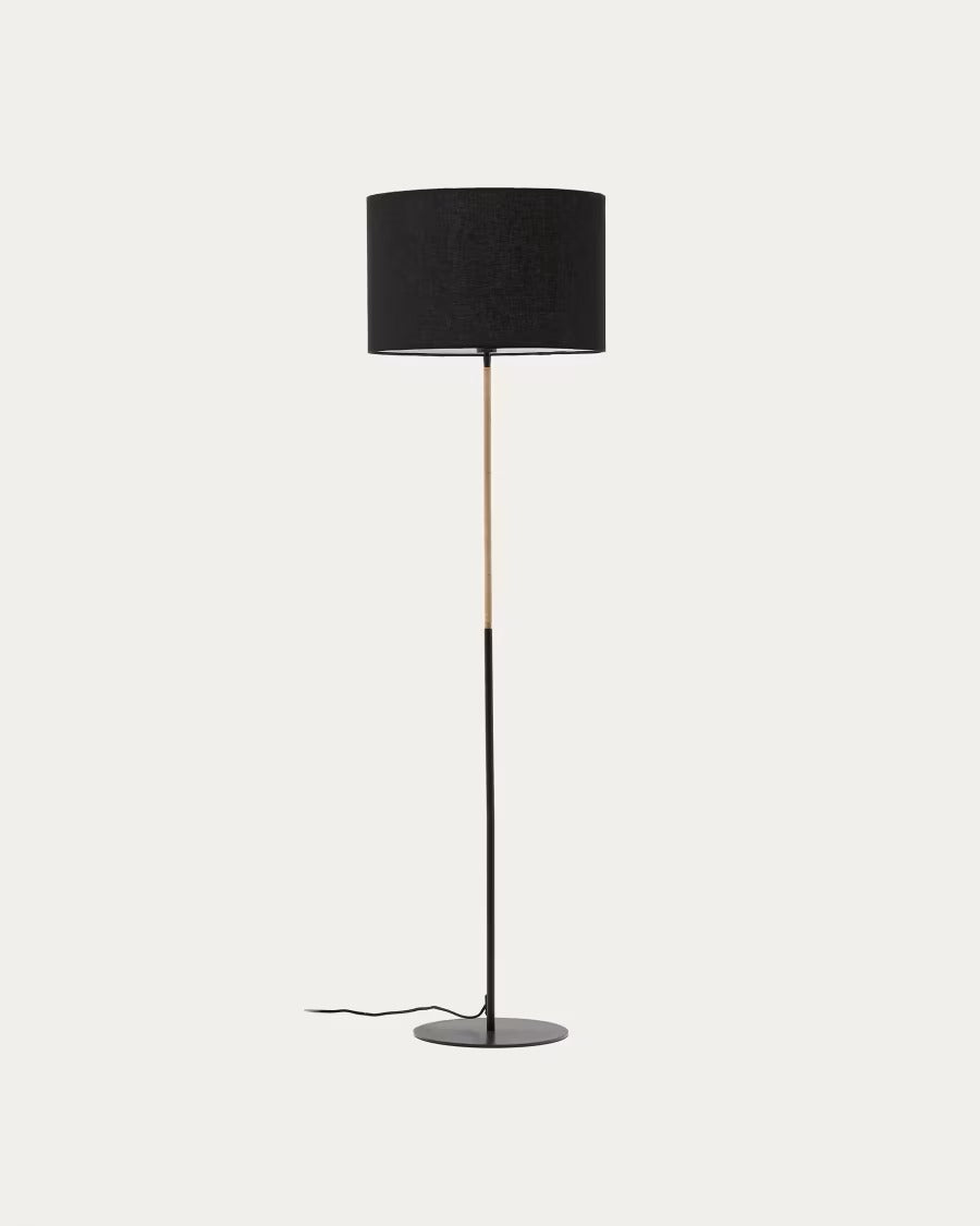 Canar Metal and Rattan Floor Lamp made with a black cotton lamp shade
