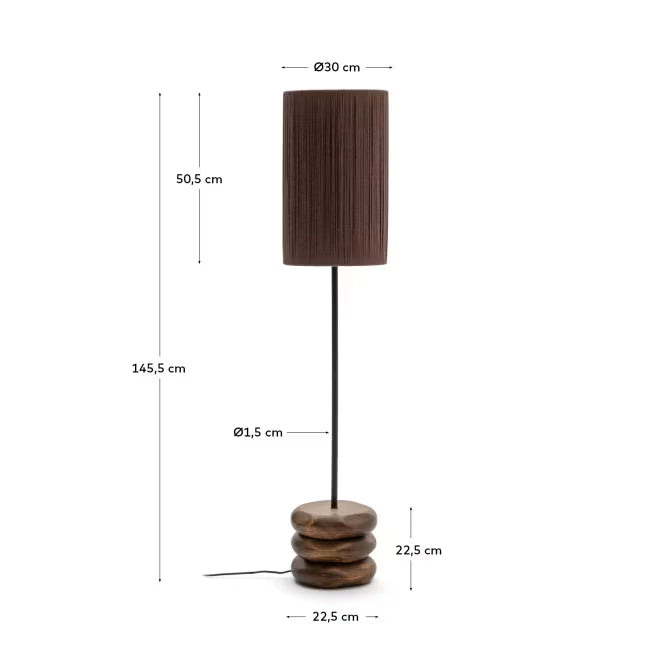 Kor table floor lamp made of jute and acacia wood in a dark finish