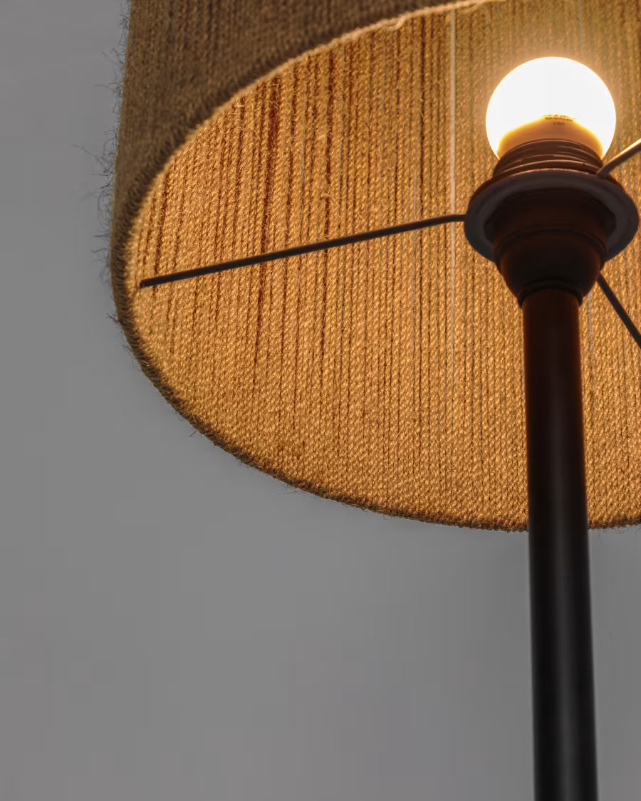 Kor table floor lamp made of jute and acacia wood in a dark finish
