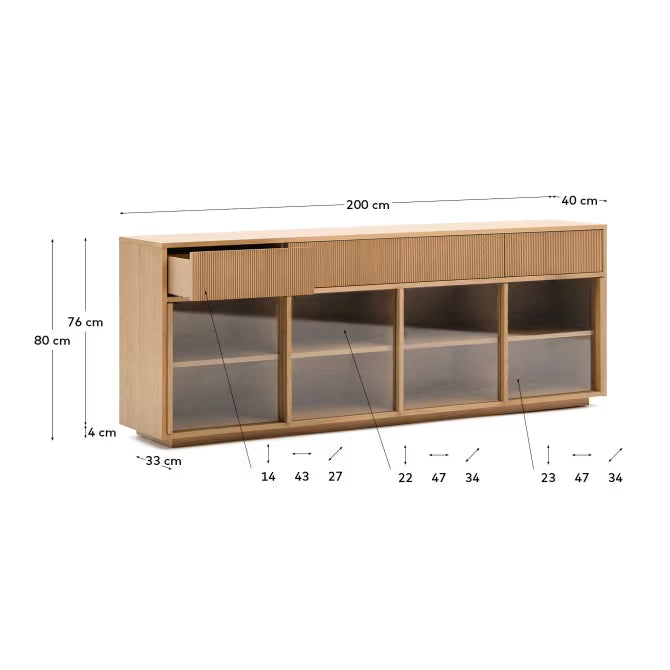 Helvine sideboard 4 doors and 4 drawers oak veneer and tempered glass 200x80cm