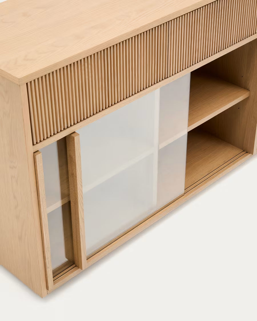 Helvine sideboard 4 doors and 4 drawers oak veneer and tempered glass 200x80cm