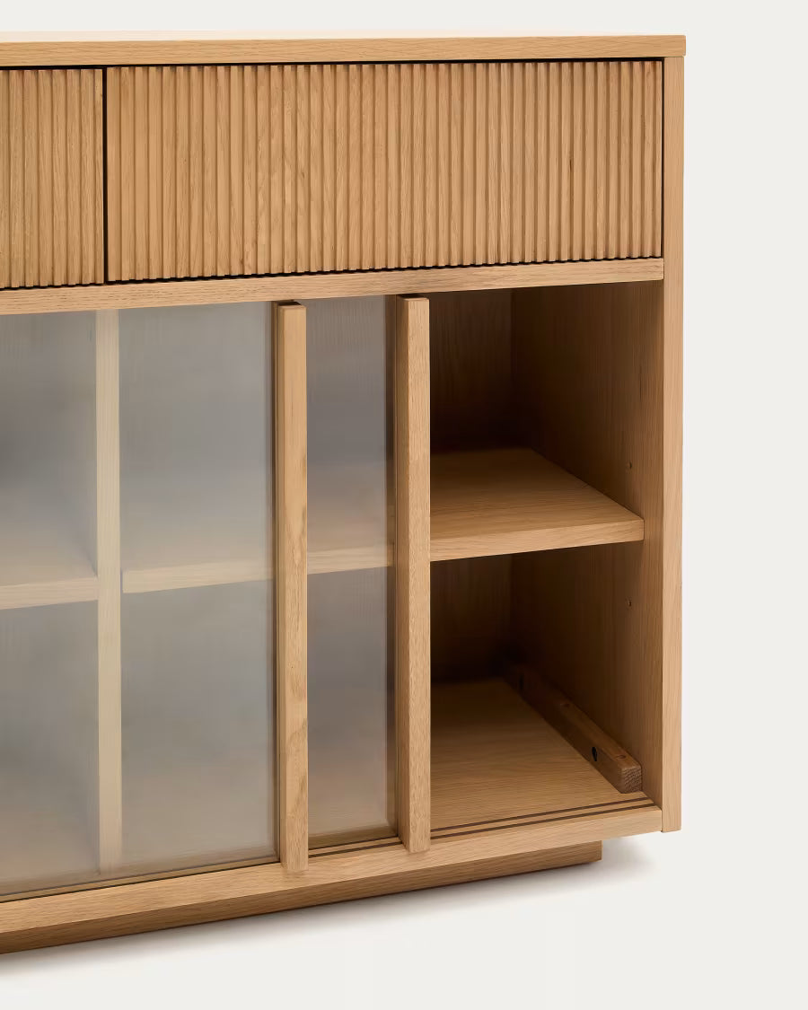 Helvine sideboard 4 doors and 4 drawers oak veneer and tempered glass 200x80cm