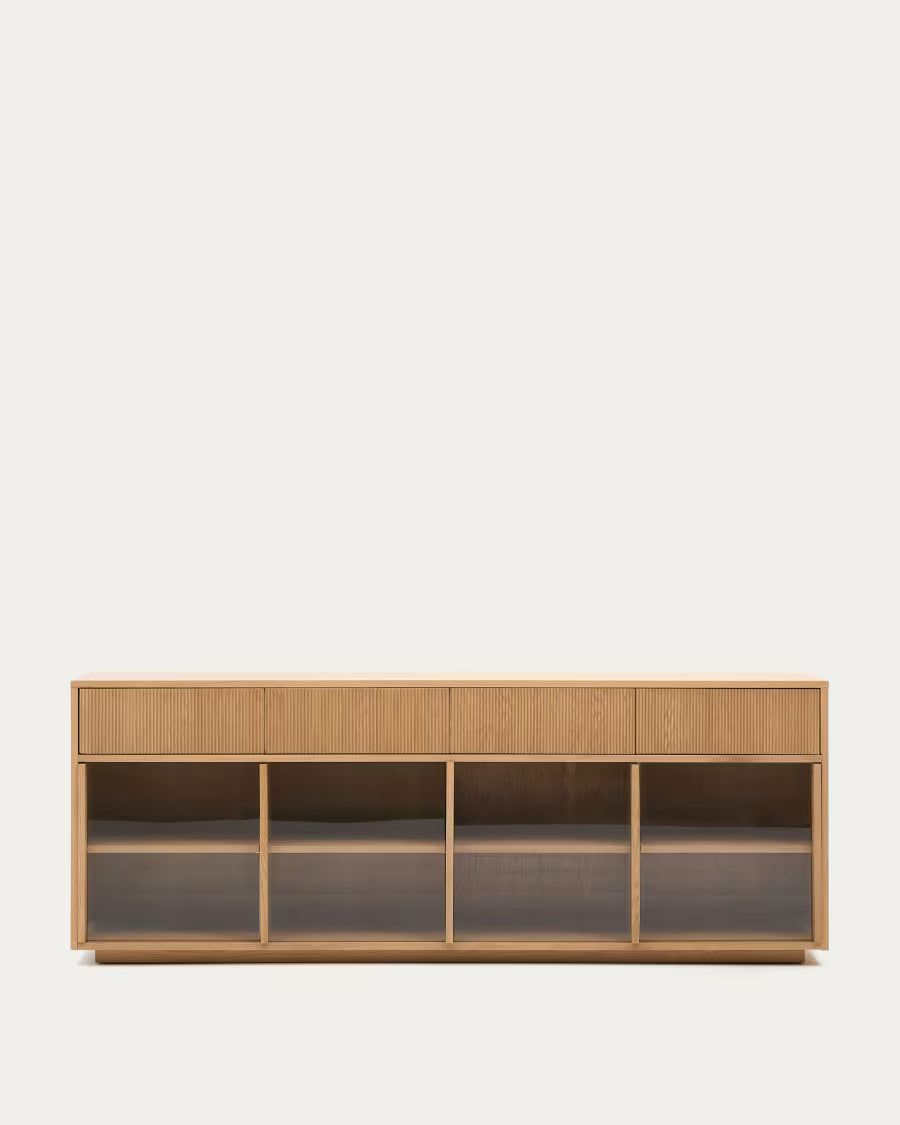 Helvine sideboard 4 doors and 4 drawers oak veneer and tempered glass 200x80cm
