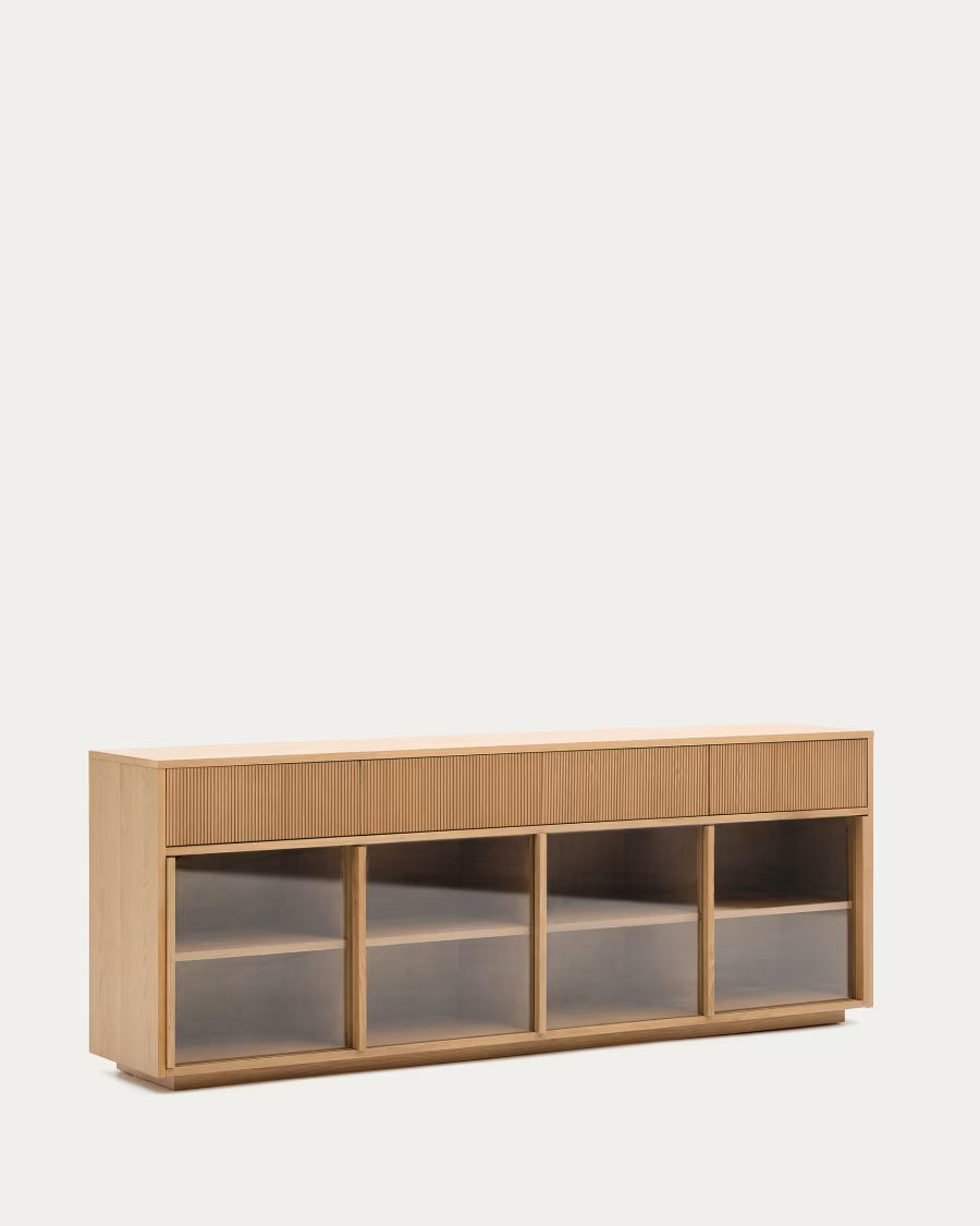 Helvine sideboard 4 doors and 4 drawers oak veneer and tempered glass 200x80cm