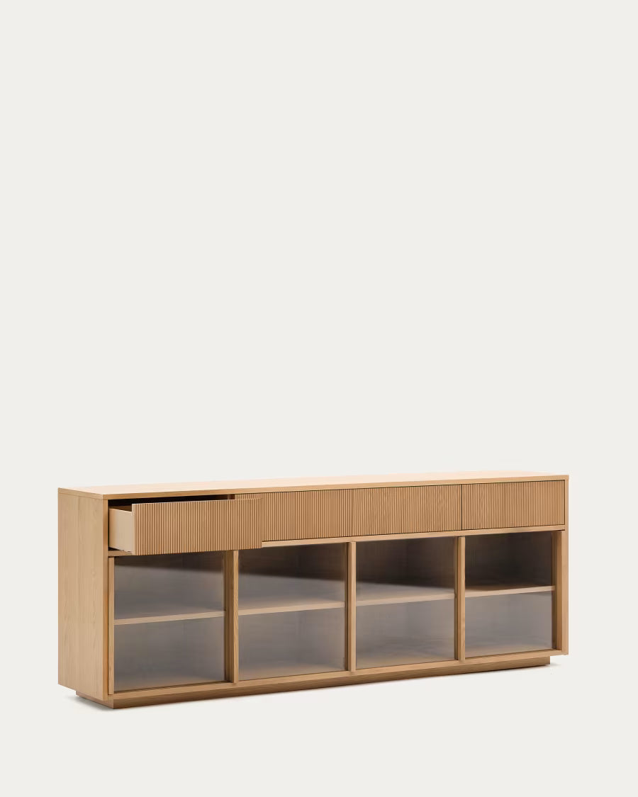Helvine sideboard 4 doors and 4 drawers oak veneer and tempered glass 200x80cm
