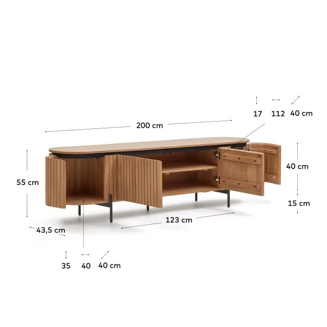 Licia TV Stand with 4 doors, solid mango wood with natural finish and metal, 200x55cm
