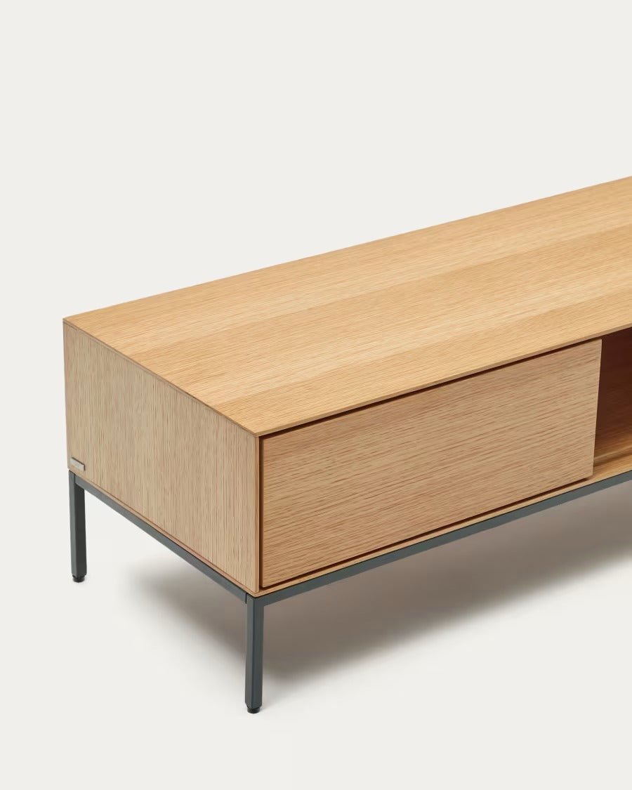 Vedrana 3 Drawer TV stand in oak veneer with black steel legs, 195 x 35 cm