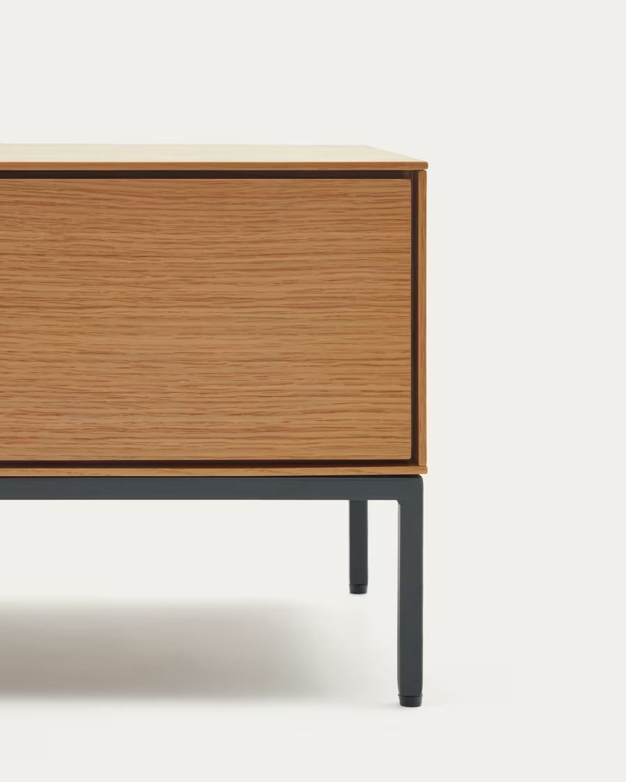 Vedrana 3 Drawer TV stand in oak veneer with black steel legs, 195 x 35 cm