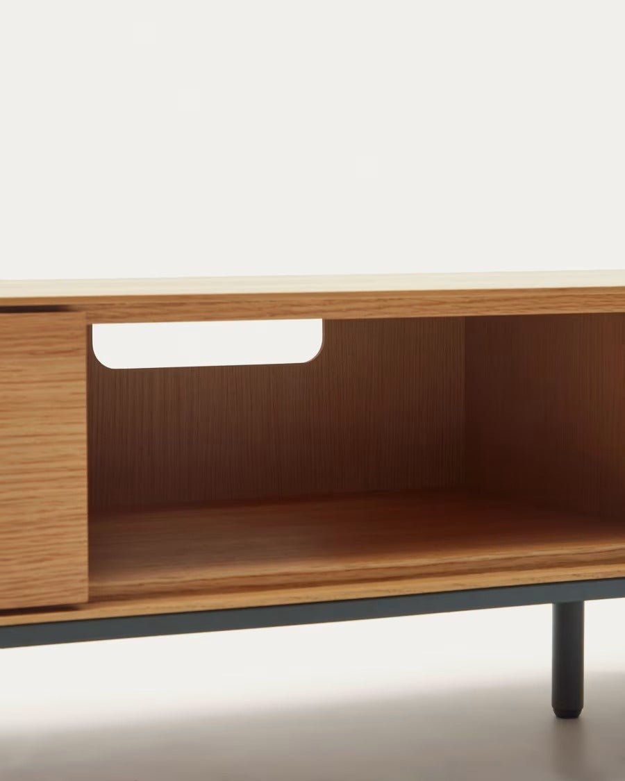 Vedrana 3 Drawer TV stand in oak veneer with black steel legs, 195 x 35 cm