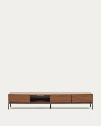 Vedrana 3 Drawer TV stand in walnut veneer with black steel legs, 195 x 35 cm