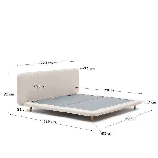Odum Bed with removable covers in beige micro bouclé with solid beech wood legs 180x100cm
