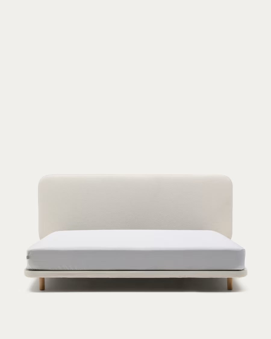 Odum Bed with removable covers in beige micro bouclé with solid beech wood legs 180x100cm