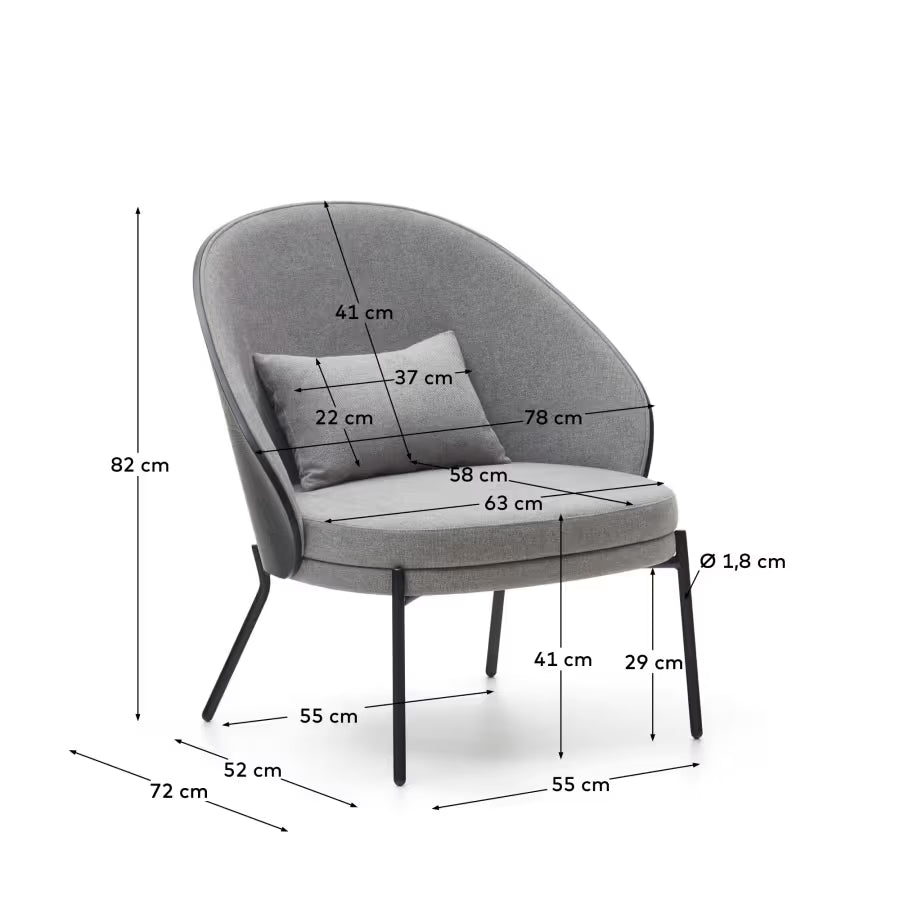 Eamy light grey armchair in an ash wood veneer with a black finish and black metal.
