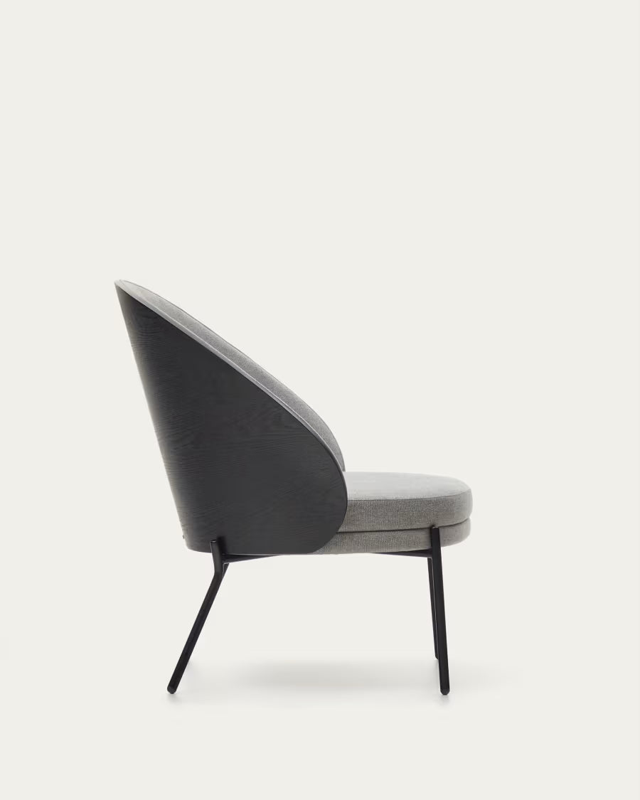 Eamy light grey armchair in an ash wood veneer with a black finish and black metal.