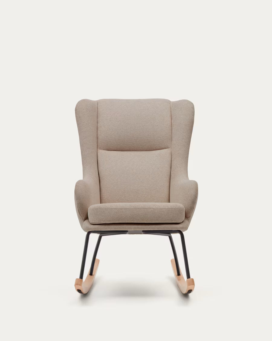 Maustin rocking chair in beige chenille with a black steel structure and beech wood