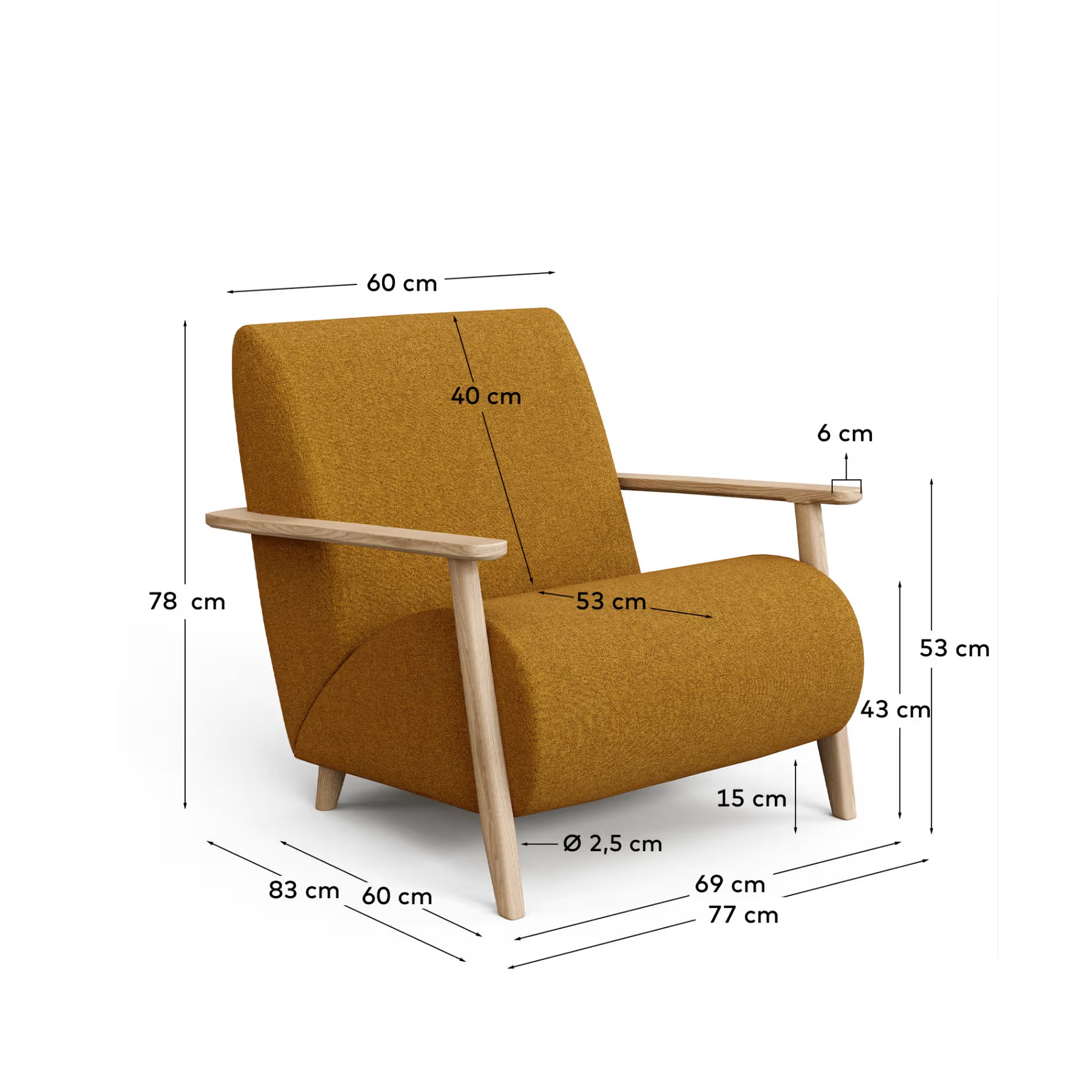 Meghan armchair in mustard bouclé with natural finish 