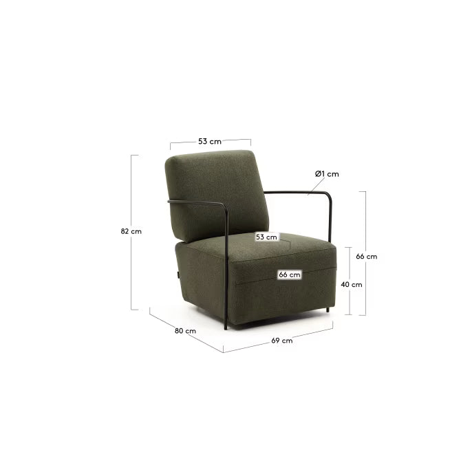Gamer green armchair with metal in a black matte painted finish