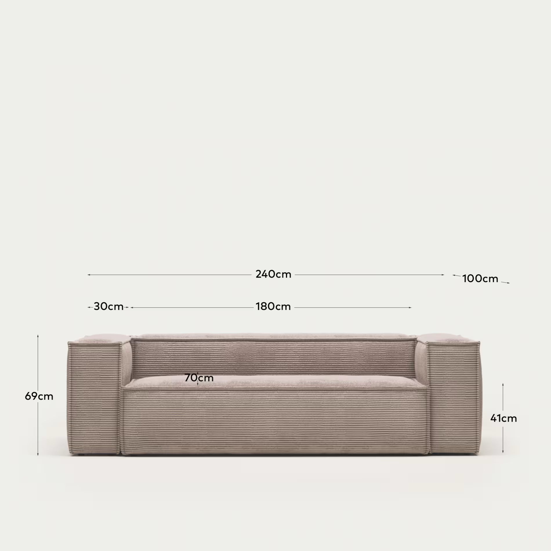 Blok 3-seater sofa in pink thick corduroy 240cm 