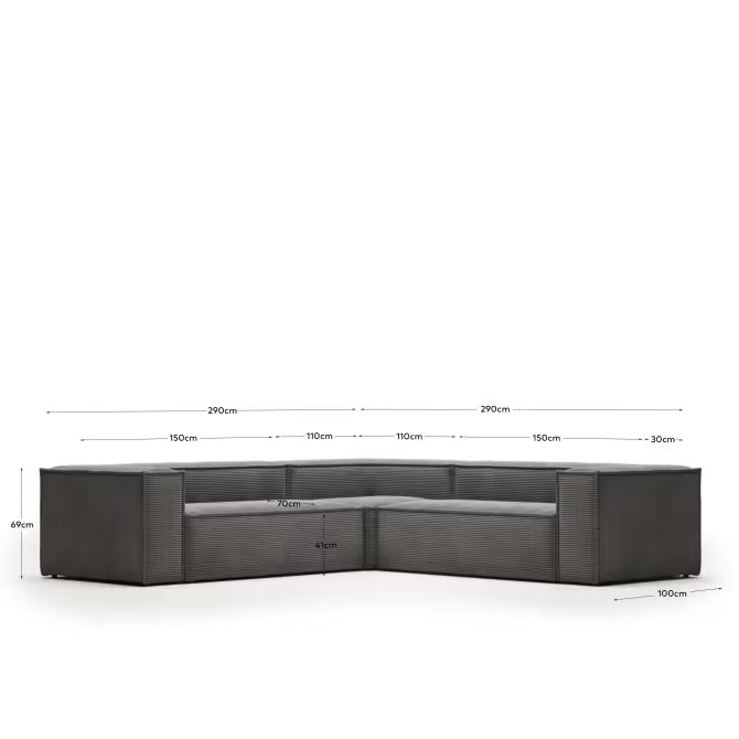 Blok 4 Seater Corner Sofa in grey corduroy, 290 x 290 cm